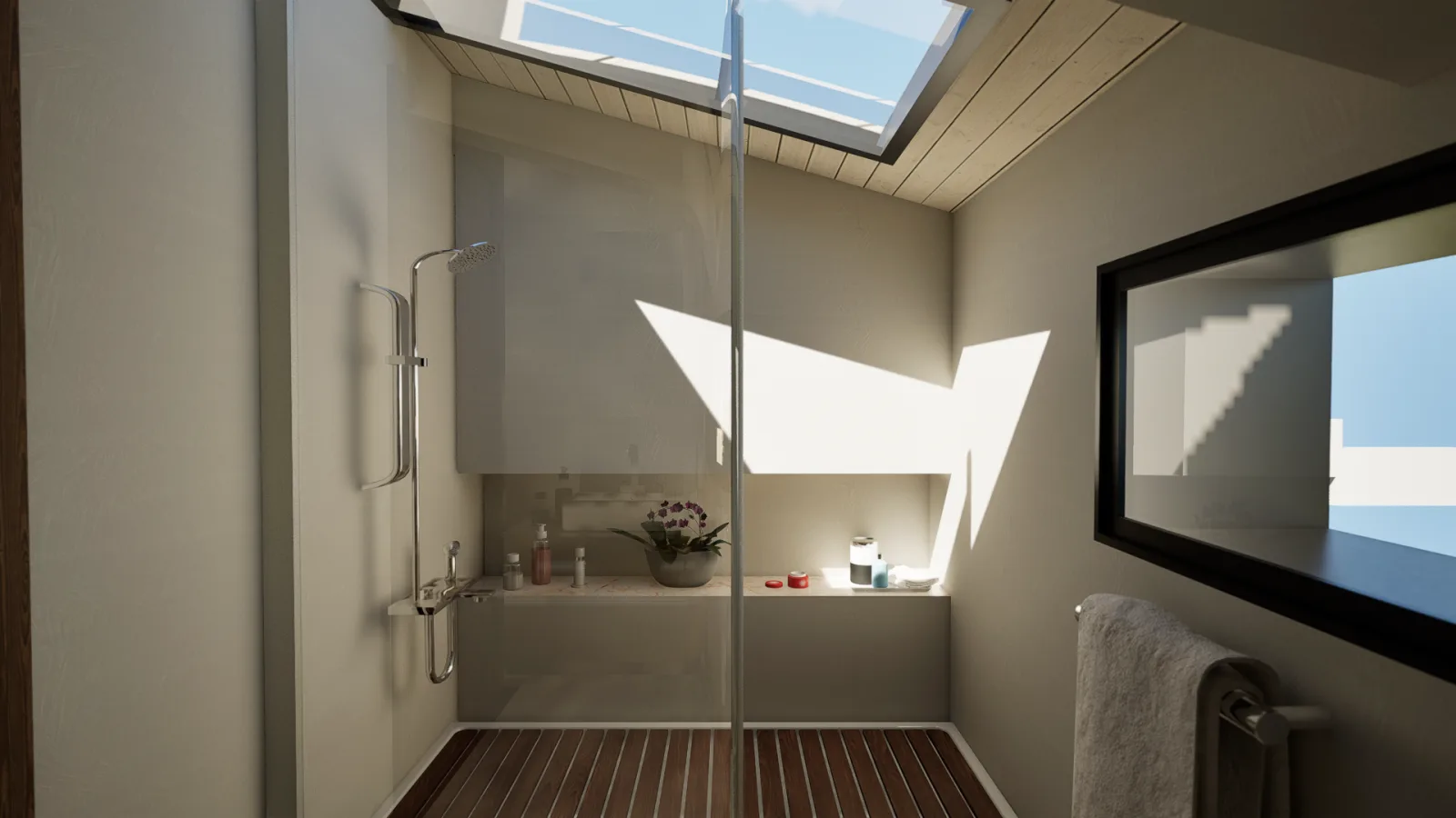Bagno luxury con doccia walk-in e lucernario