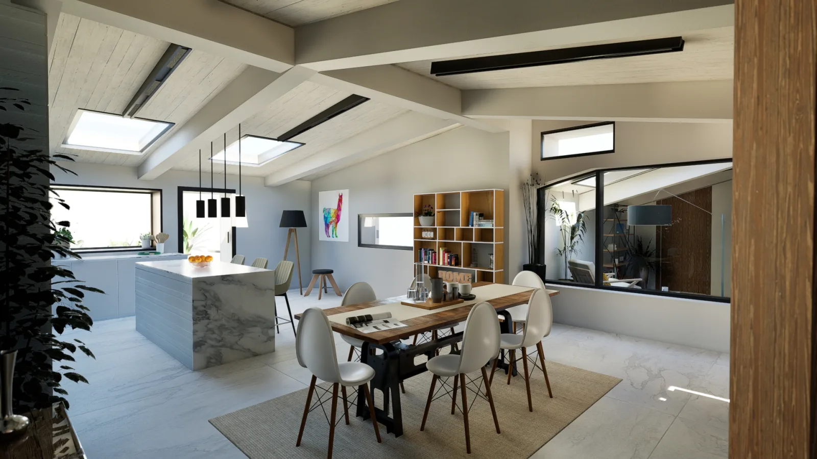 Sala colazione con tavolo conviviale e lucernari