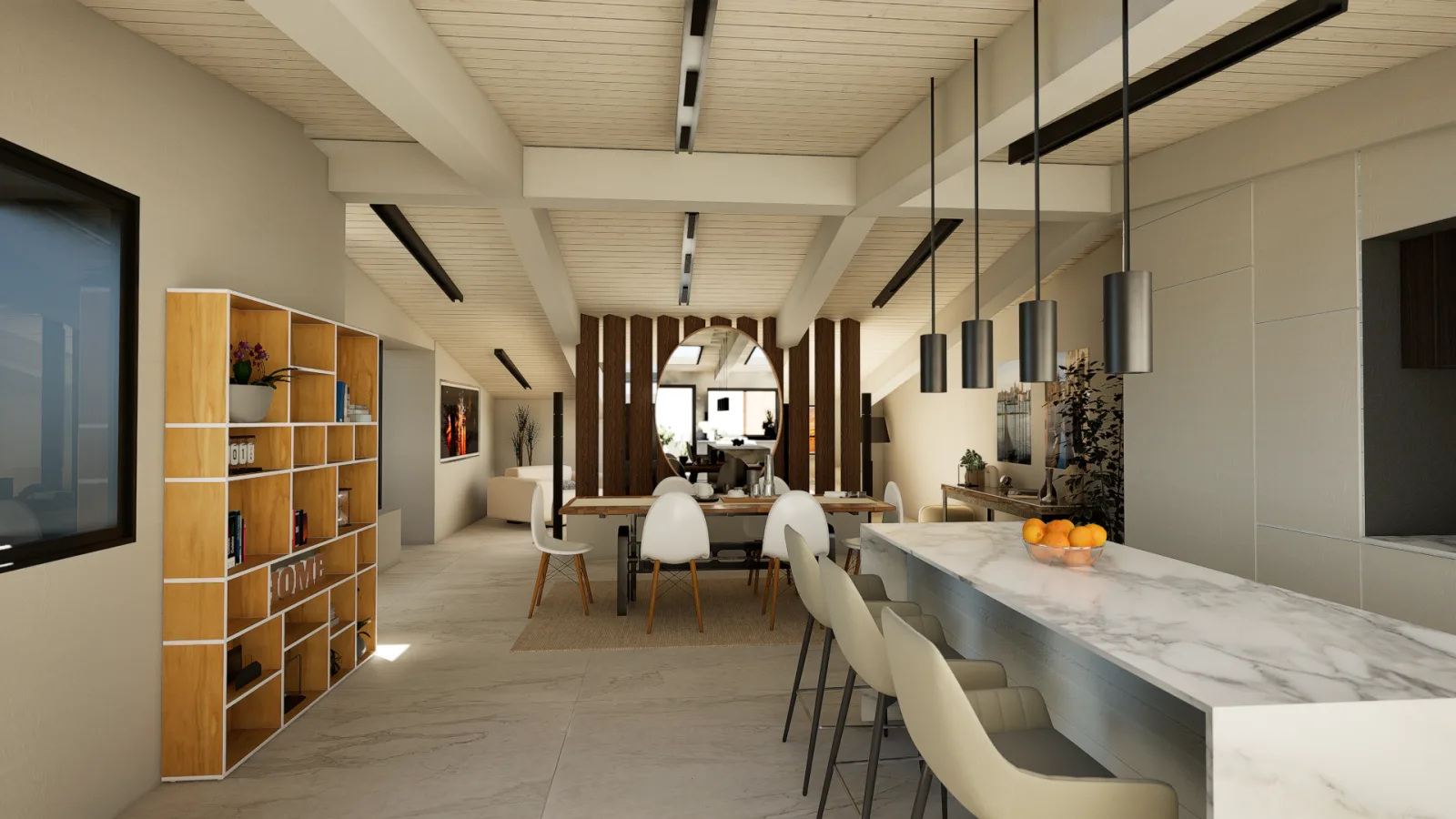 Sala pranzo lunga con tavolo e libreria