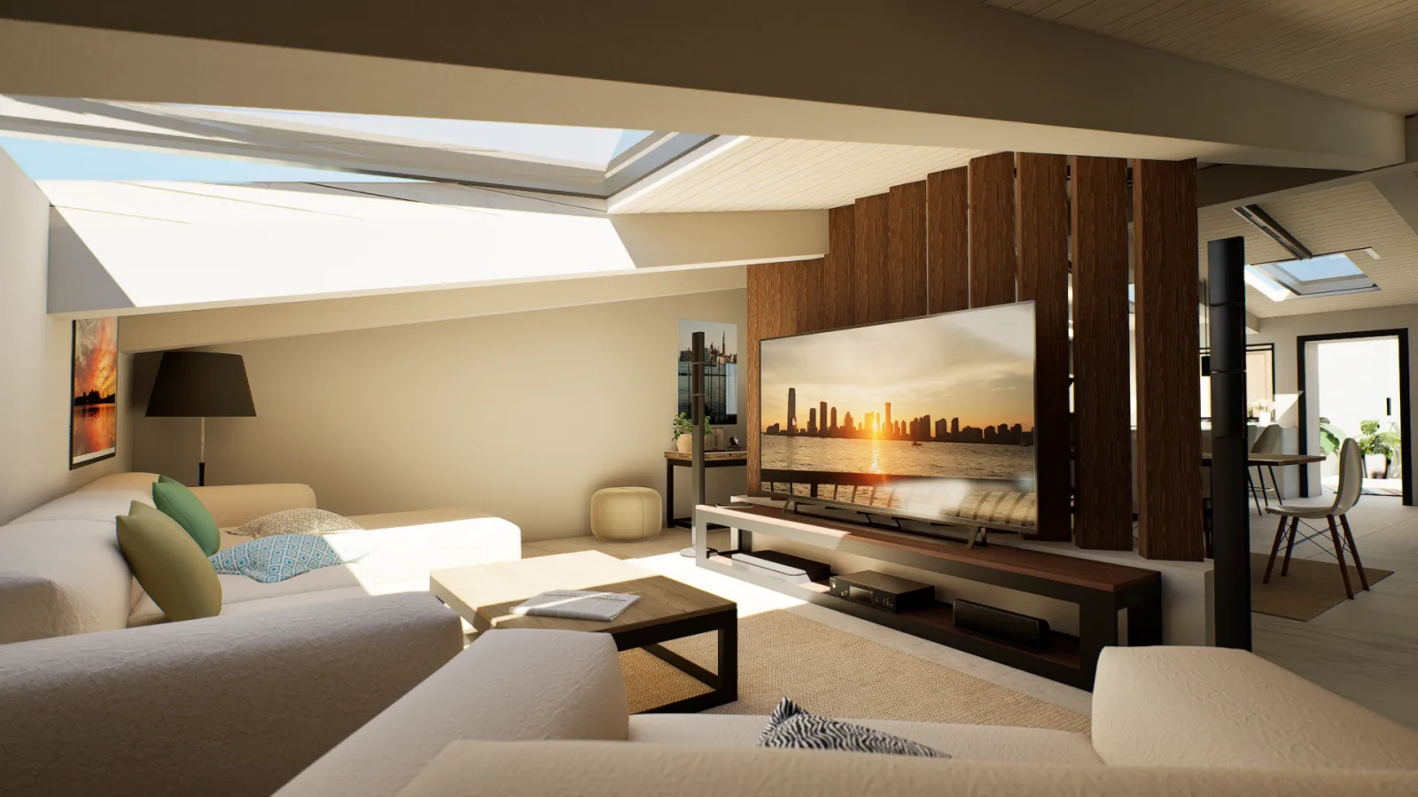 Living con TV maxischermo e divano panoramico